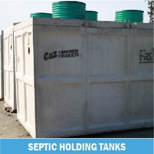 Septic holding tanks with green lids and CUZ branding